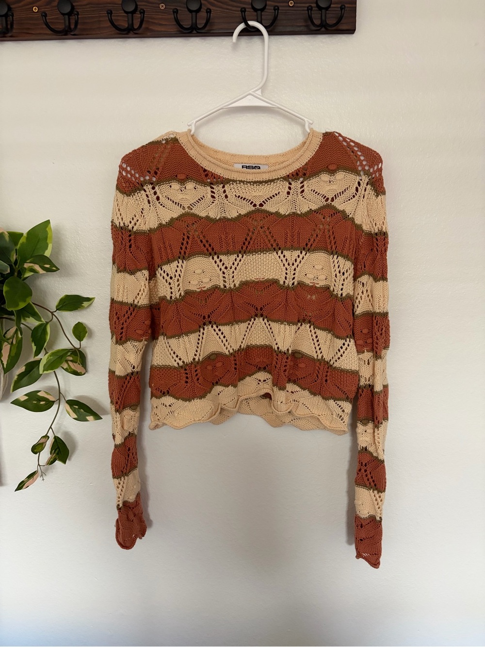 RSQ Open-Knit Striped Crop Sweater in Cream & Rust